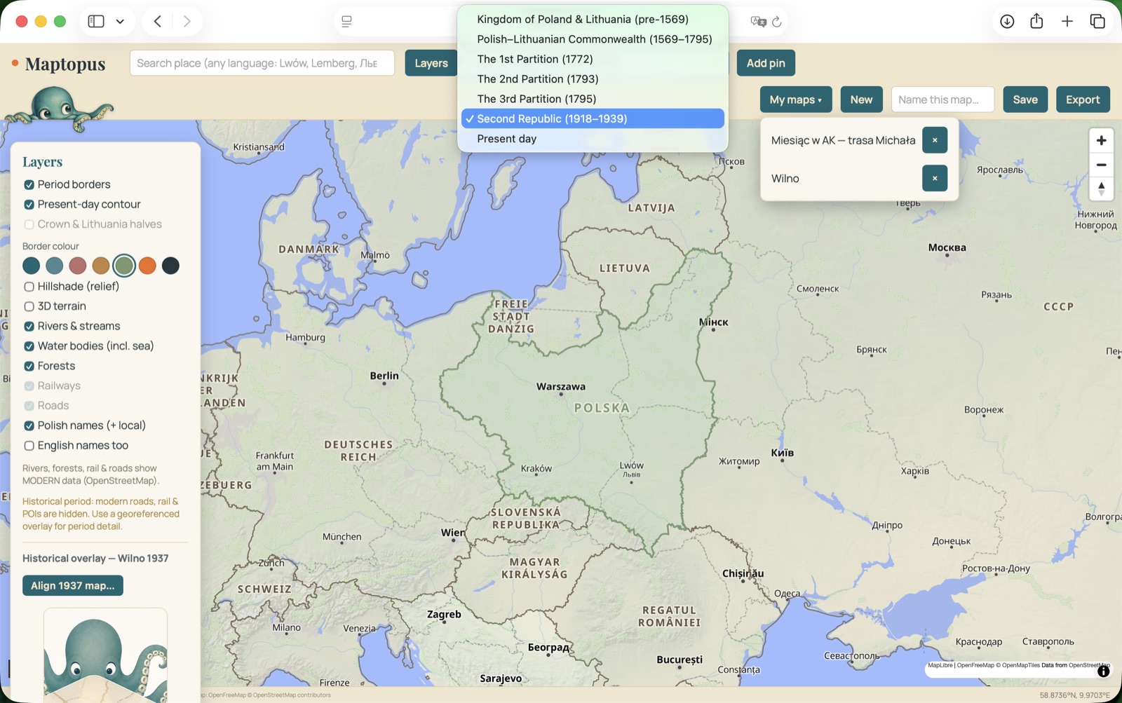 The Maptopus app showing Poland in 1939: the Second Republic outlined in green, with Wilno, Lwów, Warszawa and Kraków in Polish and the neighbours named in their own languages — Deutsches Reich, Lietuva, CCCP. A panel on the left lists the map layers; the period menu is open on kingdom, commonwealth, the three partitions, the Second Republic and today.