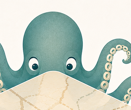 The Maptopus octopus peeking over an old map